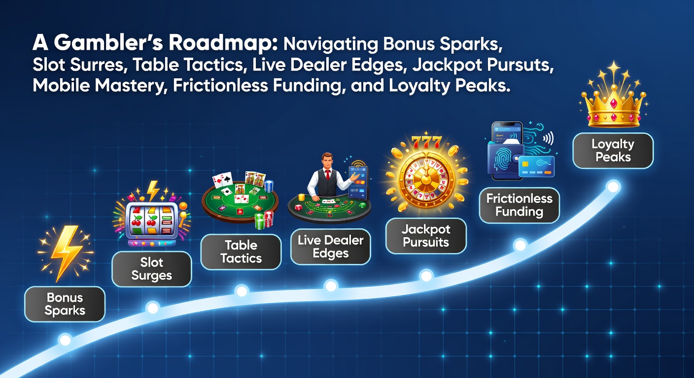 A gambler charting a course through casino elements like slots, tables, and jackpots on a dynamic roadmap illustration
