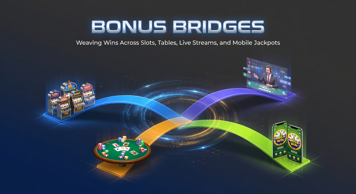 Vibrant casino scene showing interconnected slots, table games, live dealer streams, and mobile jackpot interfaces with glowing bonus bridges linking them