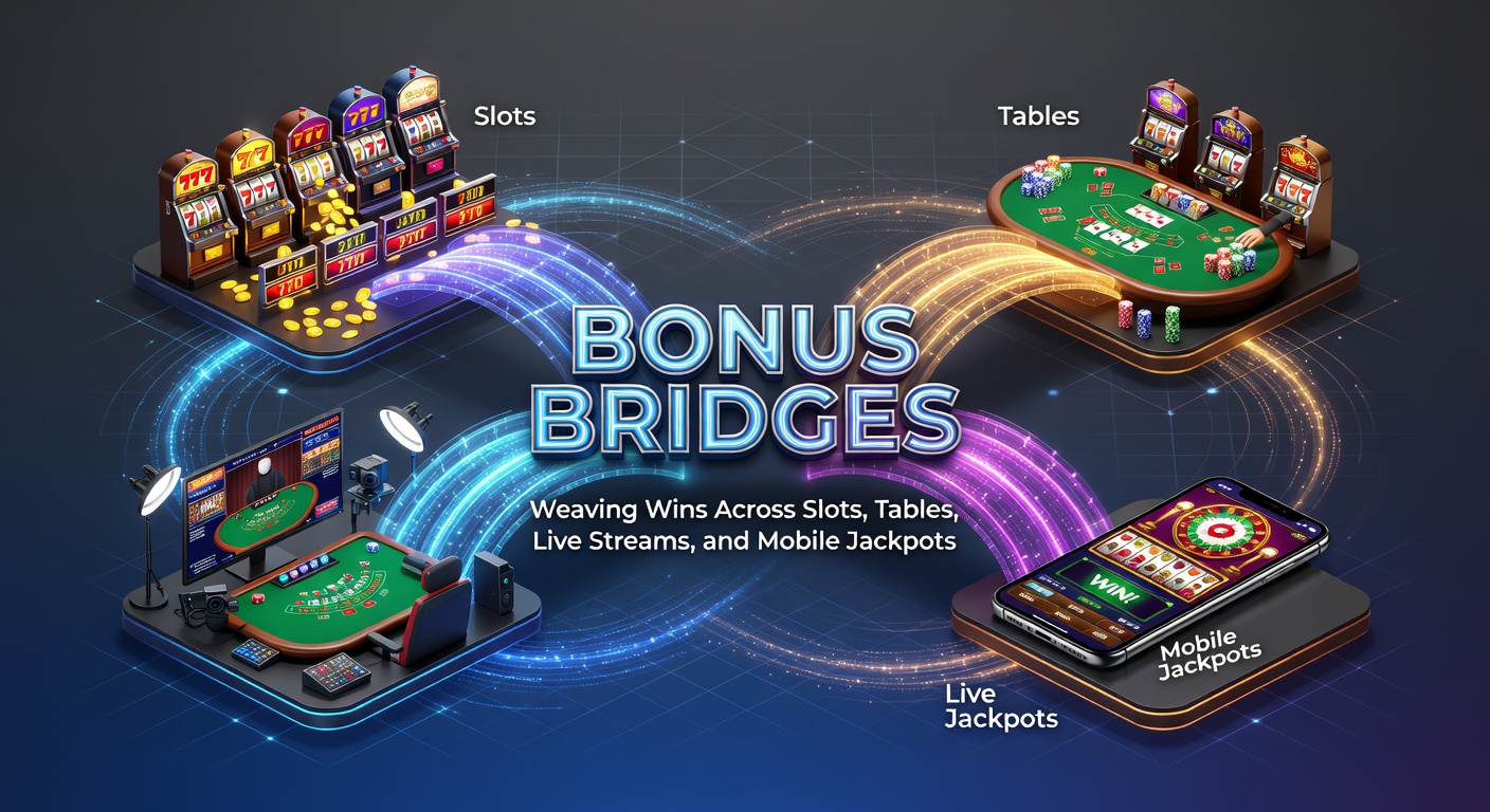 Dynamic graphic of bonus pathways connecting slot reels, poker chips, live dealer cams, and exploding mobile jackpots