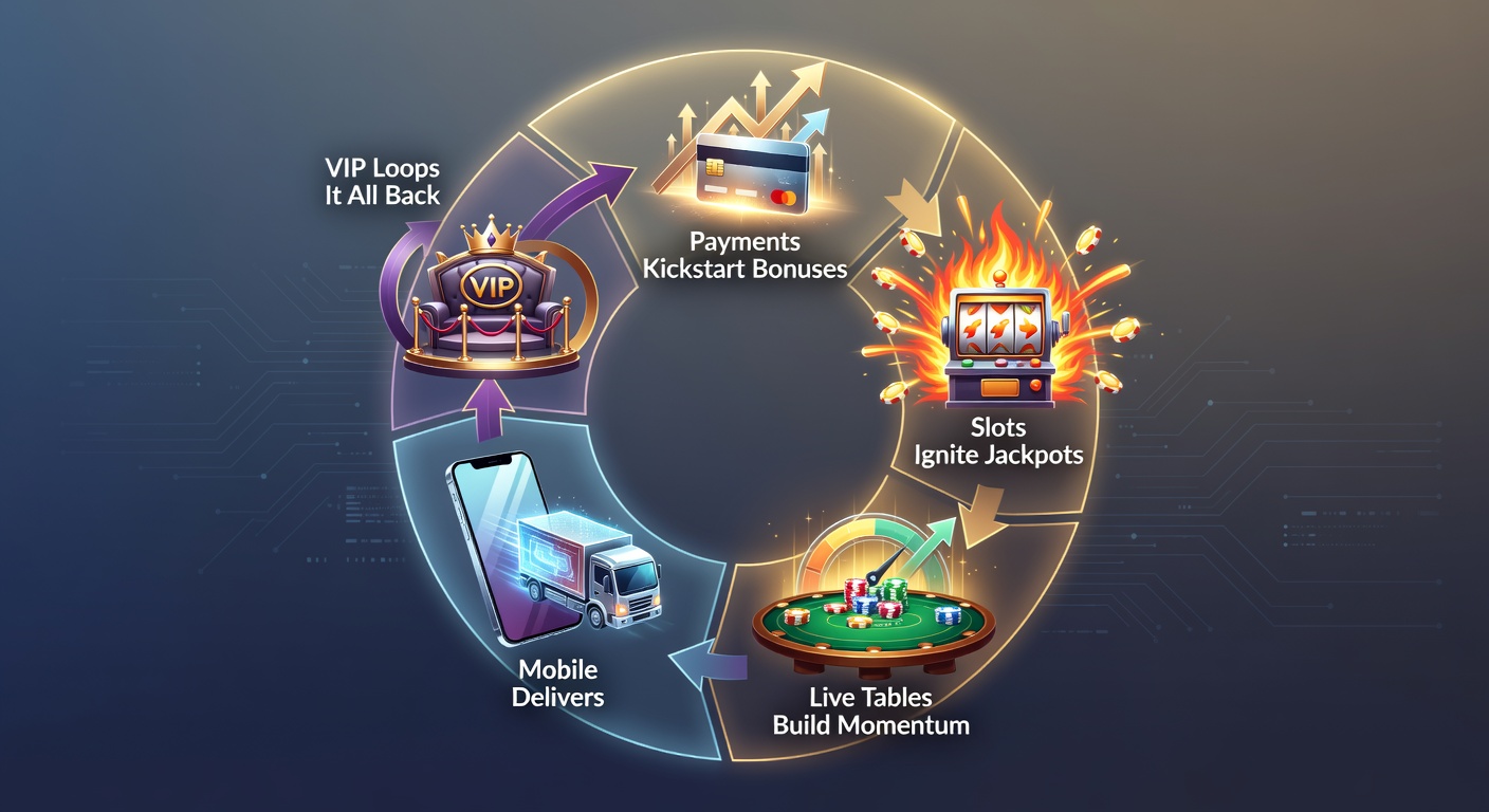 Illustration of a seamless credit cycle in online gaming, showing payments flowing into bonuses, slots exploding with jackpots, live tables gaining speed, mobile screens lighting up, and VIP tiers circling back rewards