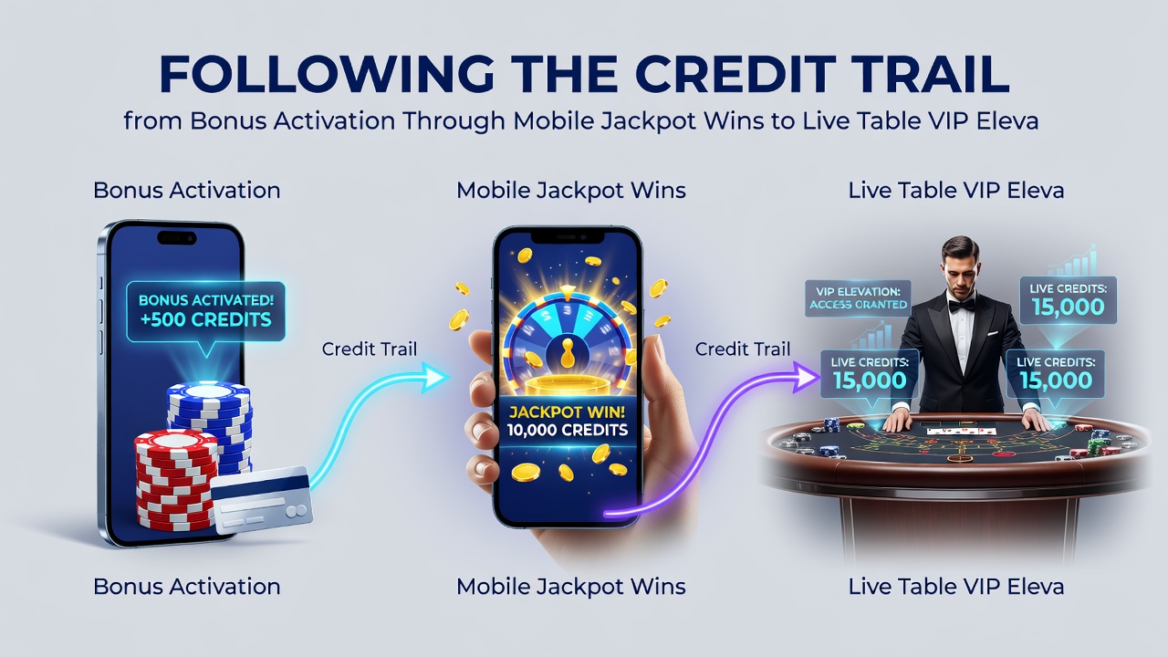 Visual representation of mobile jackpot meters filling up alongside live dealer table interfaces and VIP tier progression arrows