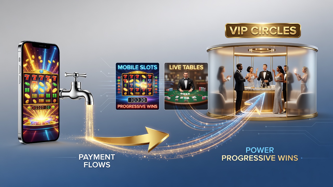 Diagram showing payment flows from mobile deposits through slots and live tables leading to VIP status