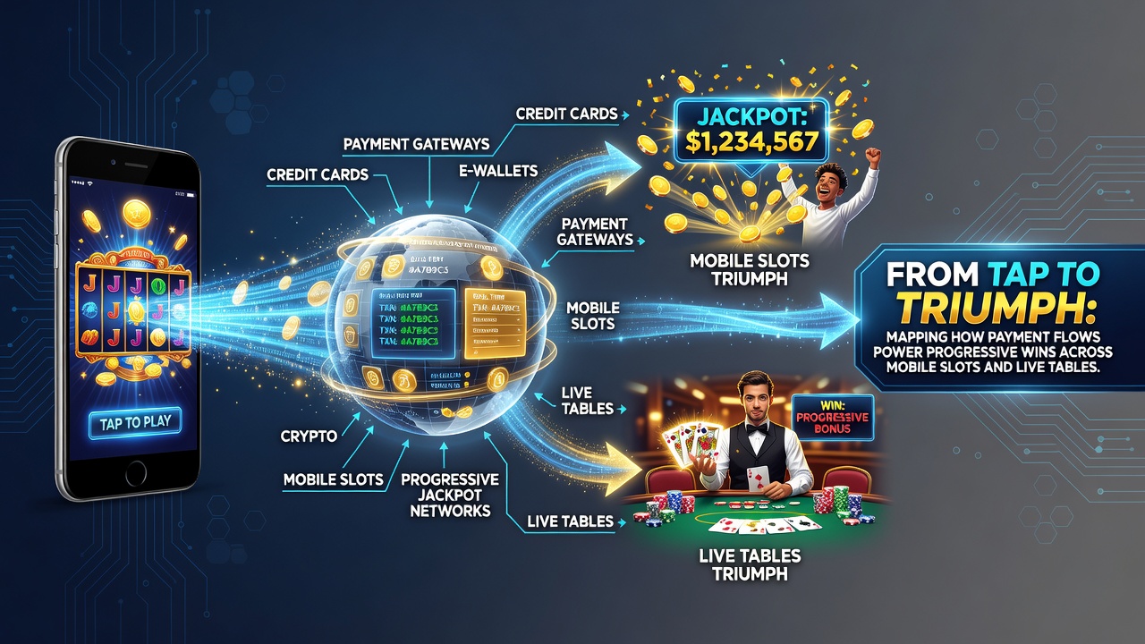 Illustration of integrated payment pathways connecting mobile slots, live dealer tables, and VIP reward systems