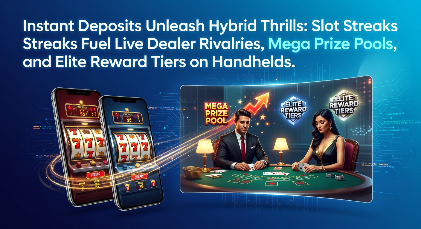 A vibrant mobile screen showing slot reels spinning alongside a live dealer table, with instant deposit notifications and prize pool counters glowing in the background