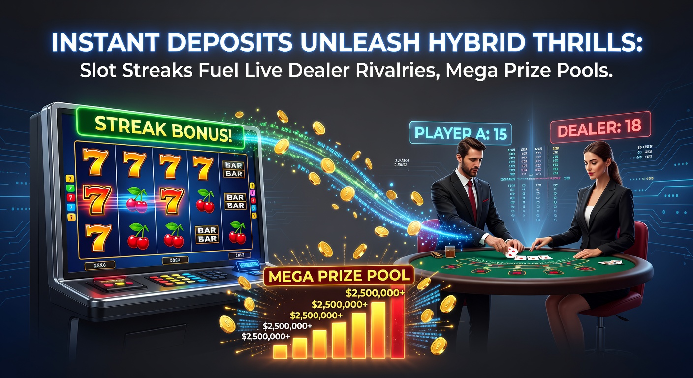 Close-up of a handheld device displaying a live dealer leaderboard rivalry, slot streak counters, and a mega prize pool ticking upward, with instant deposit icons flashing