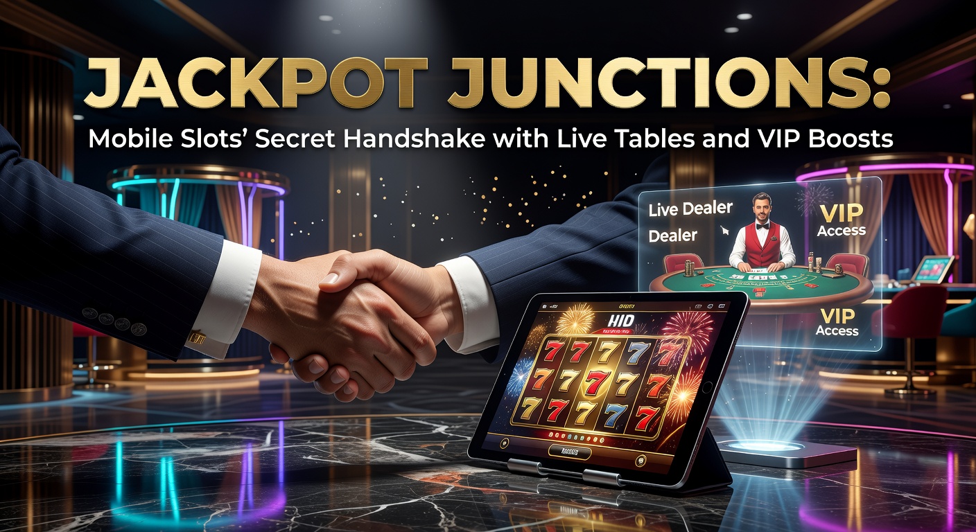 Vibrant mobile slot screen transitioning seamlessly to a live dealer blackjack table with jackpot overlays and VIP badges glowing in the interface