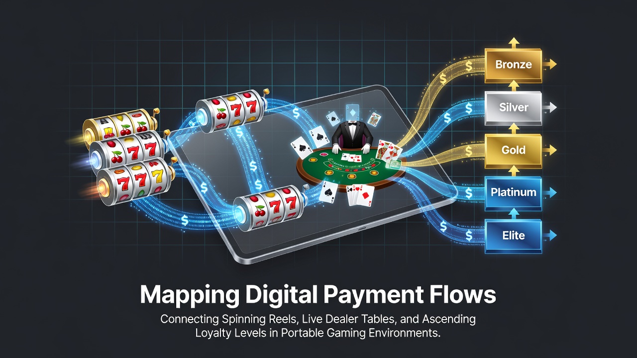 Digital payment flow diagram showing connections between mobile slots, live dealer tables, and loyalty tiers in gaming apps