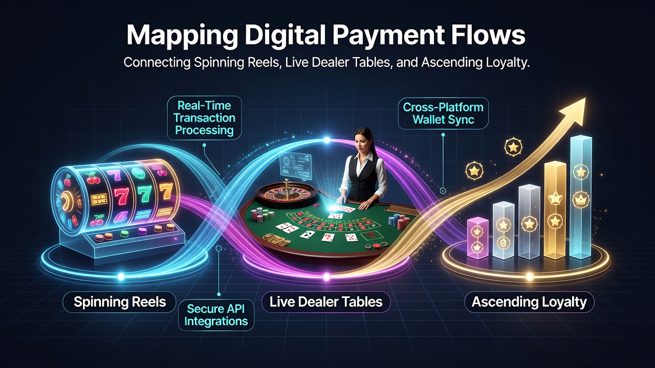 Mobile screen showing loyalty progress bar connected to payment confirmations across slots and live tables
