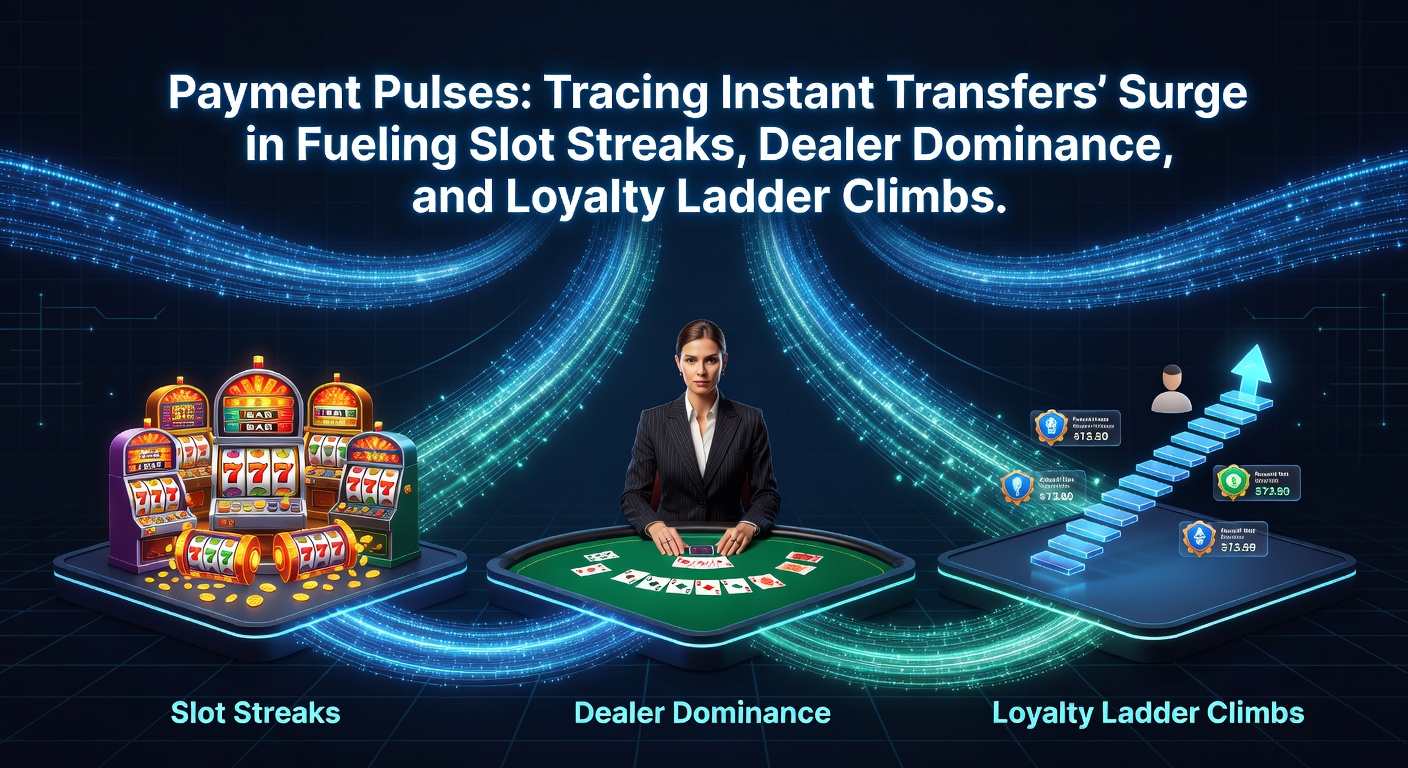 Dynamic graphic showing lightning-fast payment pulses connecting slot machines, blackjack tables, and loyalty tiers in an online casino environment