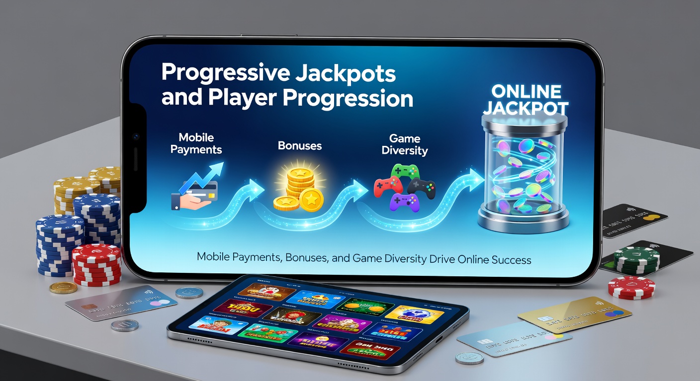 Dynamic infographic illustrating player progression tiers with icons for bonuses, mobile payments, diverse games like slots and tables, and a towering progressive jackpot meter