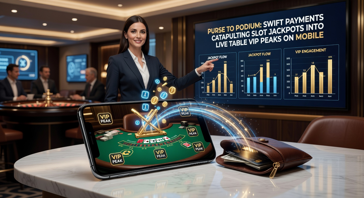Illustration of a purse bursting with golden coins morphing into a podium trophy atop a live poker table on a mobile interface, with speed lines indicating rapid payment flows