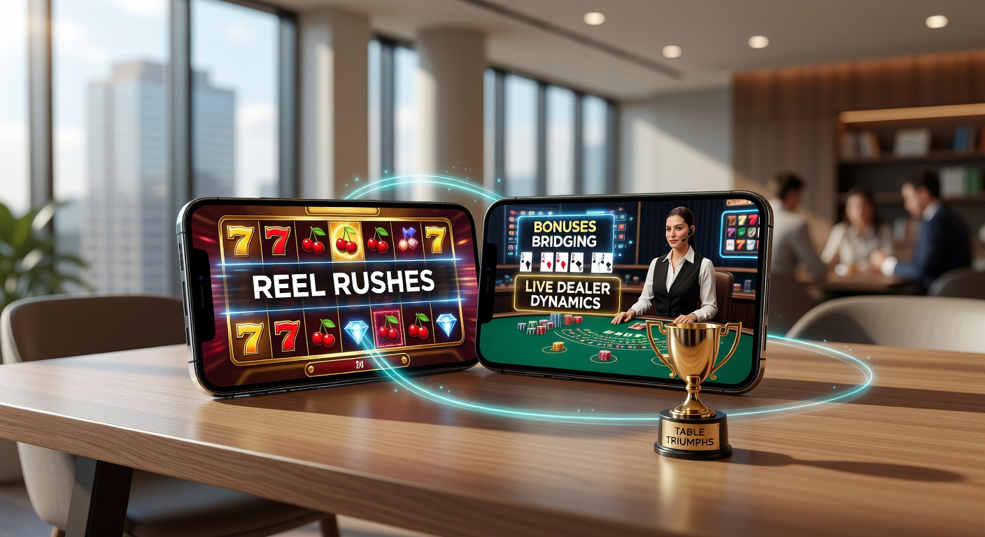 Mobile screen displaying slot reels transitioning to a live dealer blackjack table with bonus overlays bridging the games