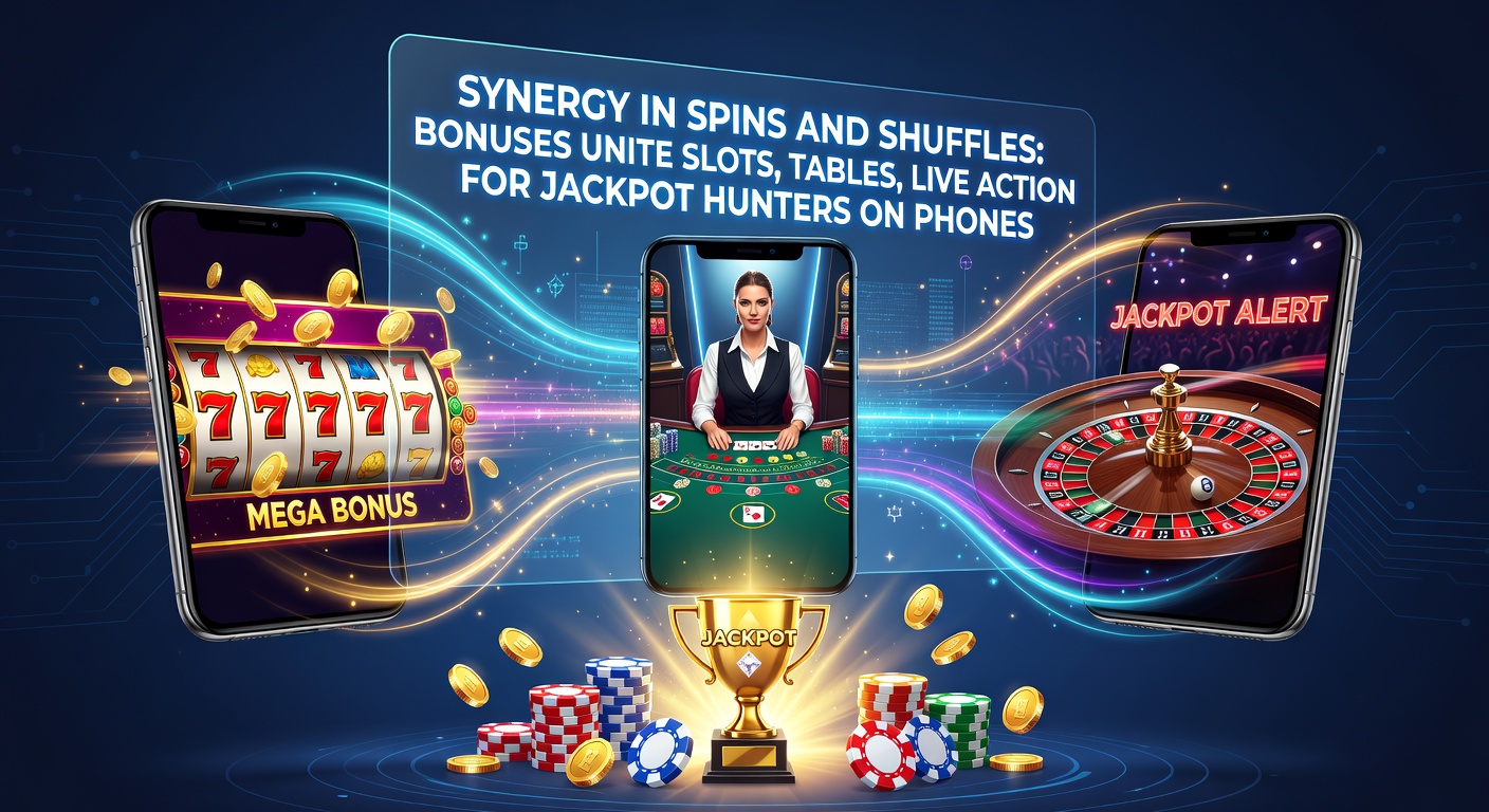 Vibrant mobile screen displaying interconnected slot reels, blackjack tables, and live dealer streams with glowing bonus icons linking jackpots