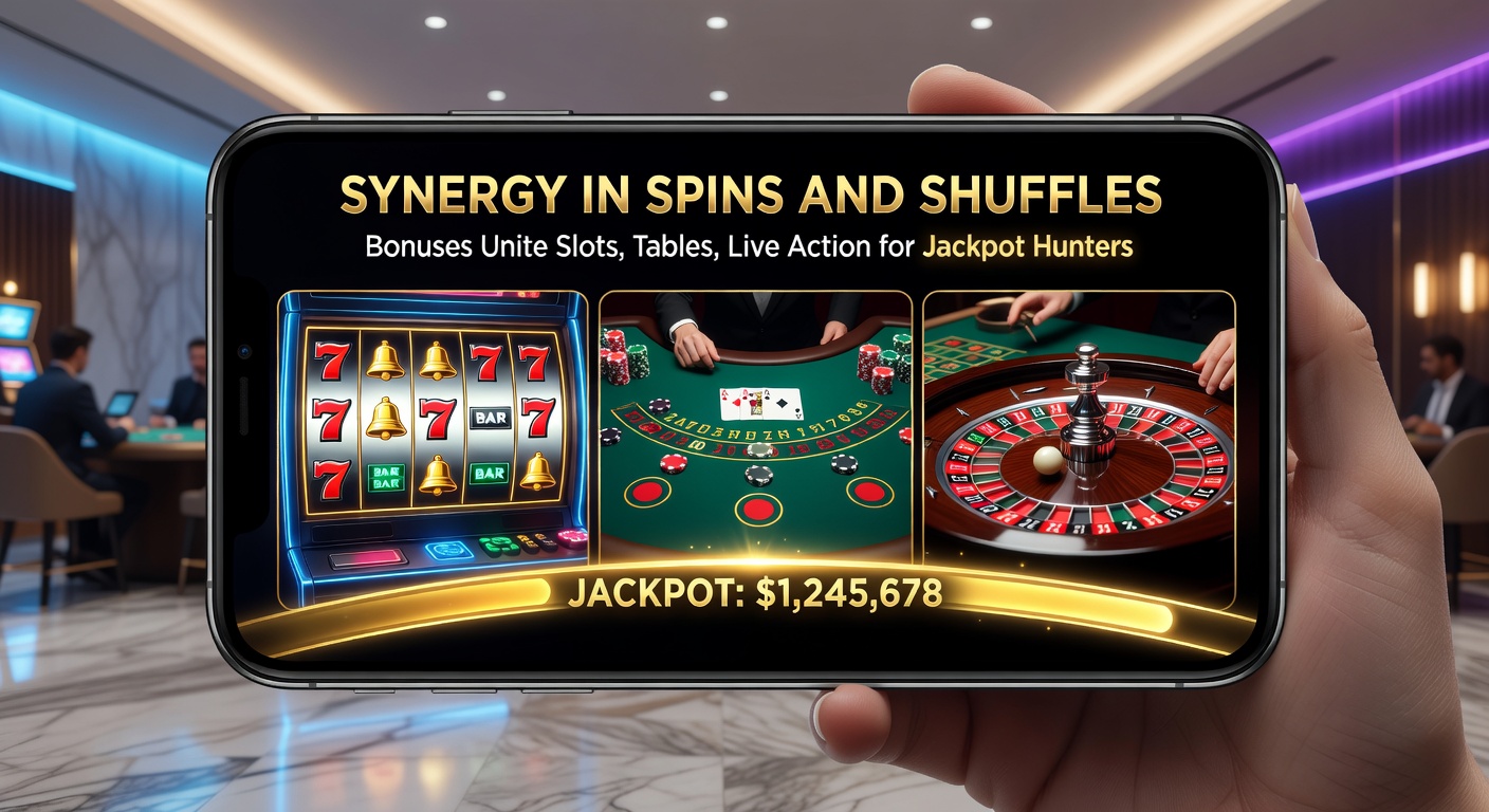 Dynamic collage of phone-held casino app showing slot jackpots syncing with live blackjack tables and bonus notifications