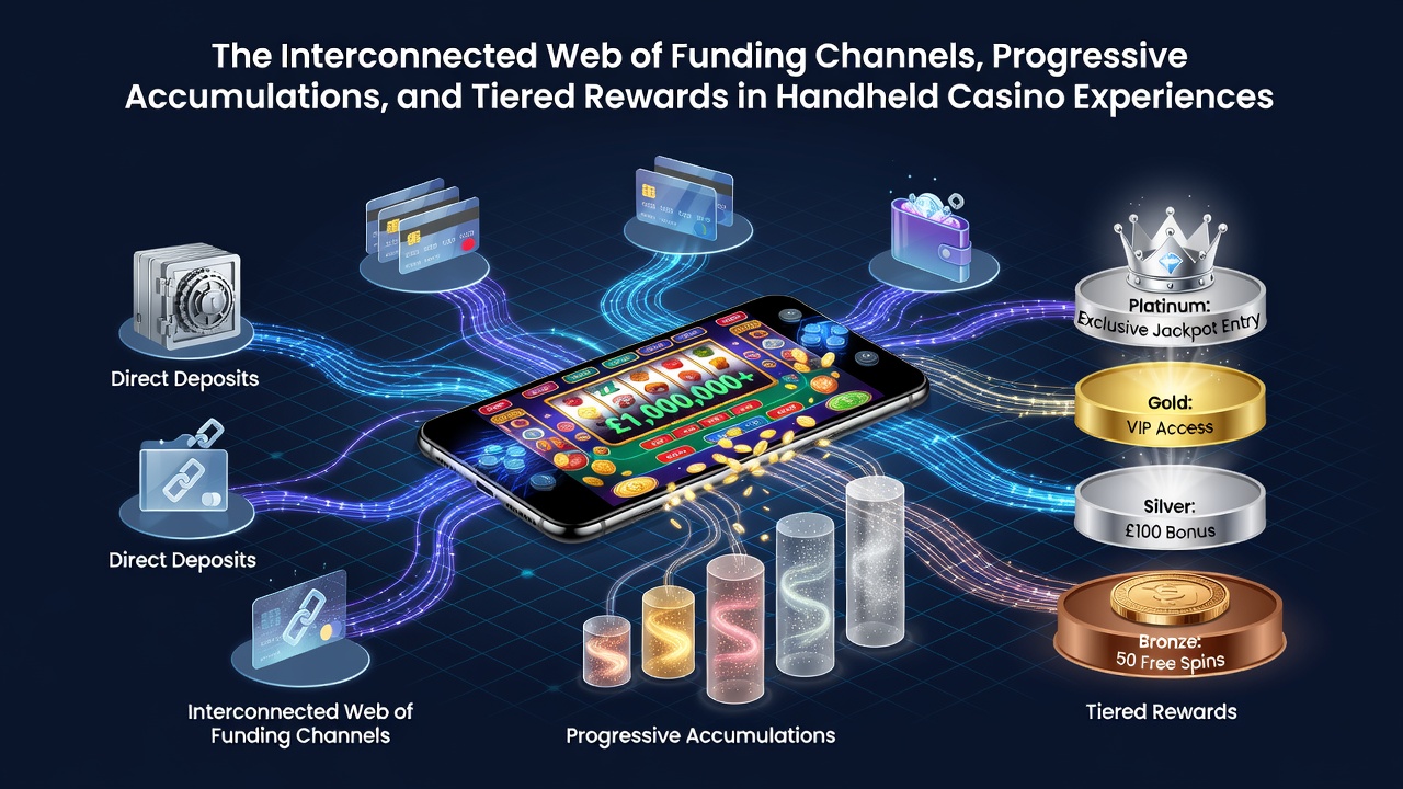 Mobile casino interface showing funding options and progressive jackpot meters
