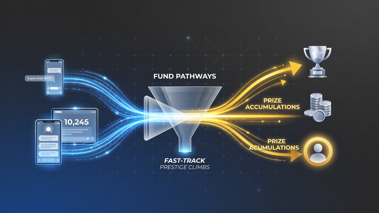 Illustration of fund pathways connecting mobile devices to live gaming interactions and accumulating prizes