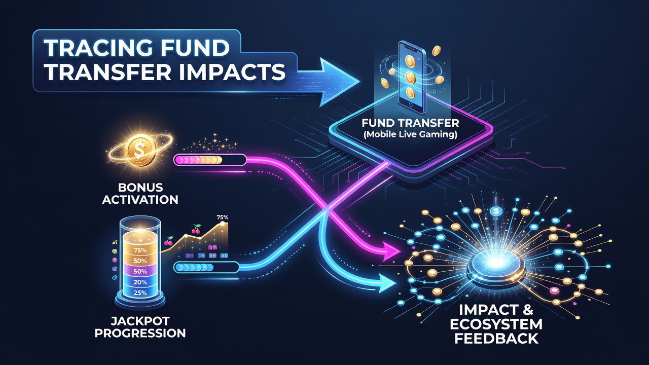 Mobile live gaming interface showing real-time fund transfers and jackpot meters updating during play