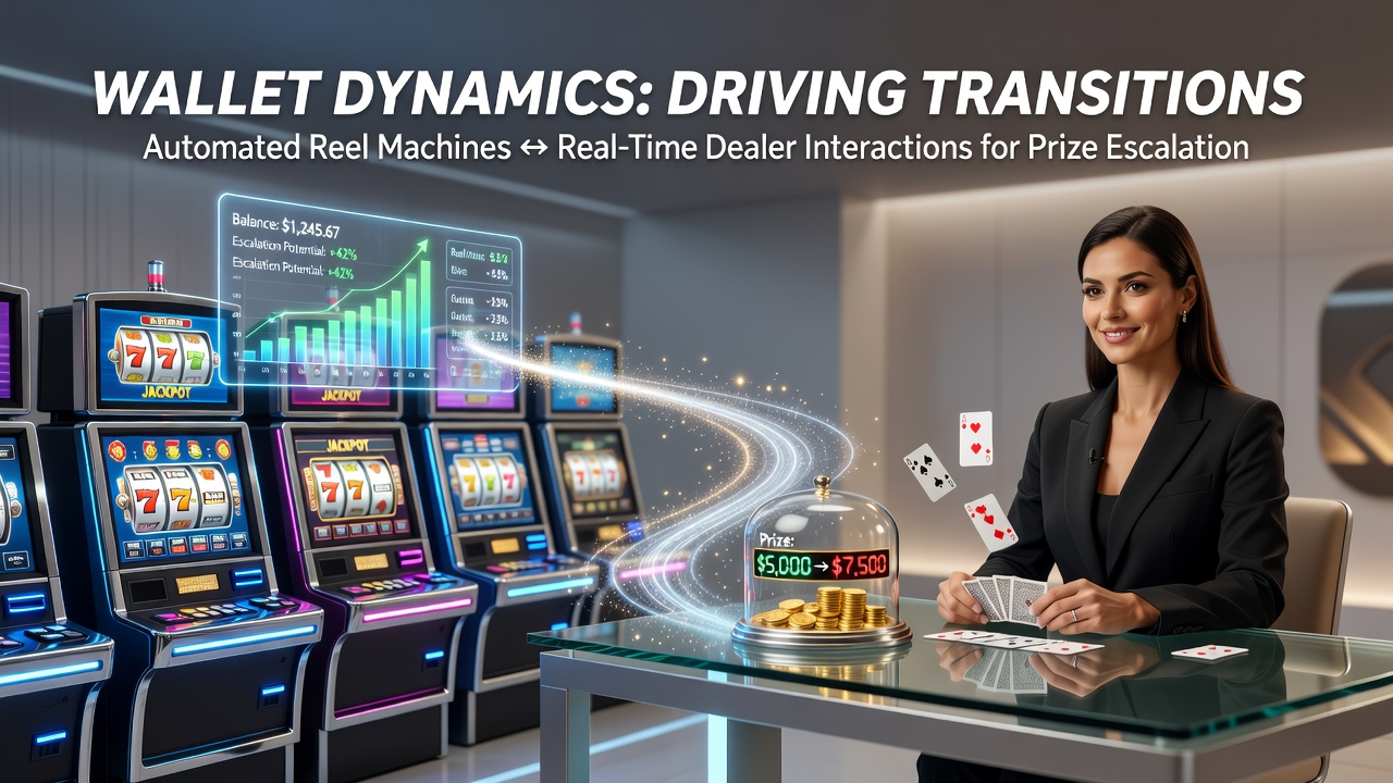 Illustration of digital wallet interfaces connecting automated slot reels with live dealer table environments