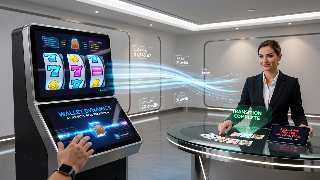 Diagram showing fund flow between slot machines and live dealer tables via digital wallet systems