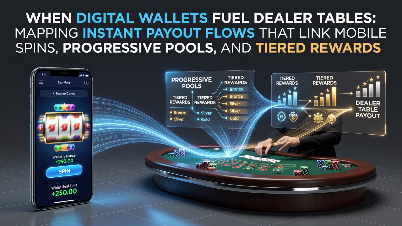 Digital wallet interface connecting mobile slot spins to live dealer tables and progressive jackpot pools