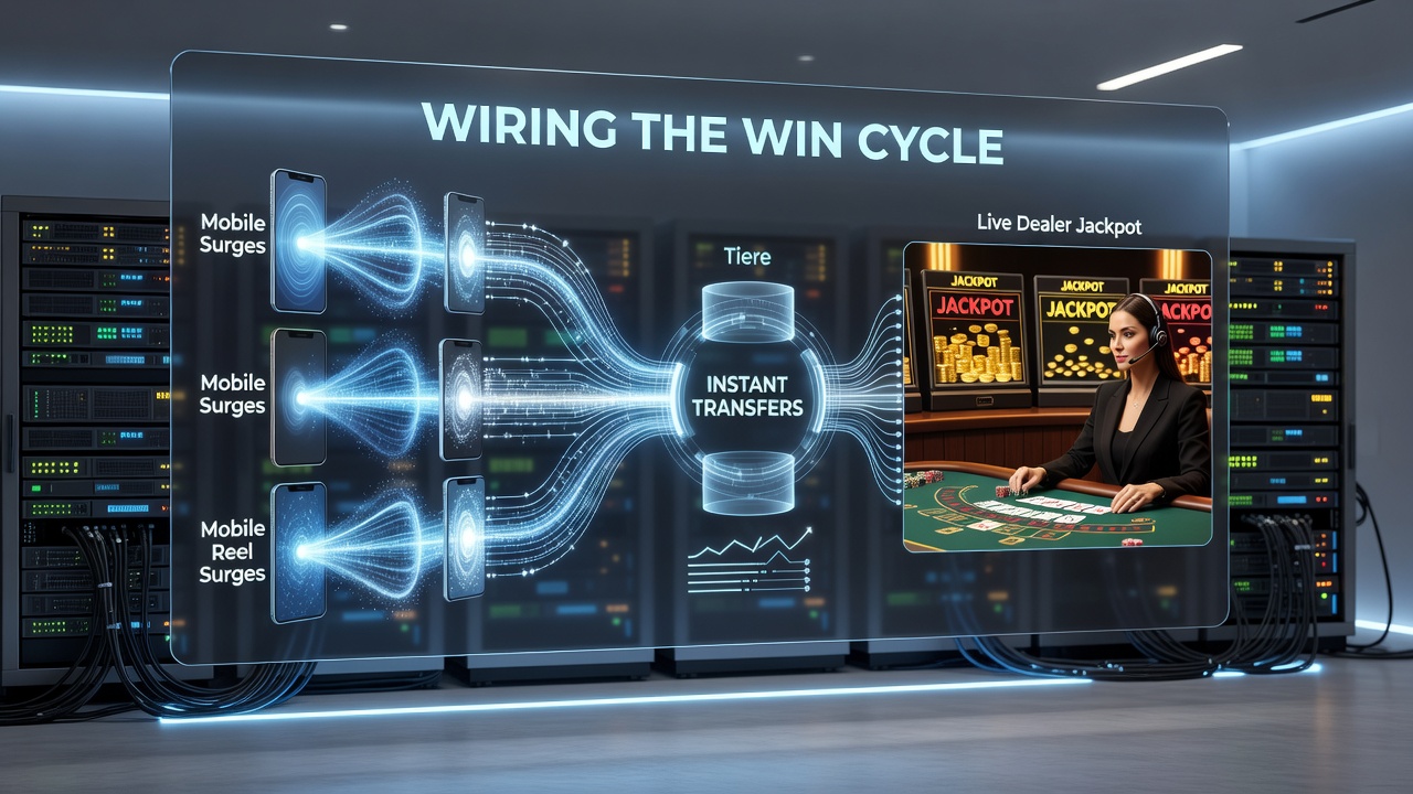 Live dealer jackpot interface receiving transferred credits from mobile reel activity